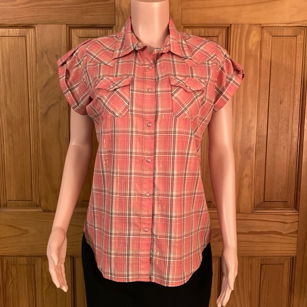 NWOT Wrangler Wrancher Vintage 90s Top Short Sleeve Blouse Pink White L Large